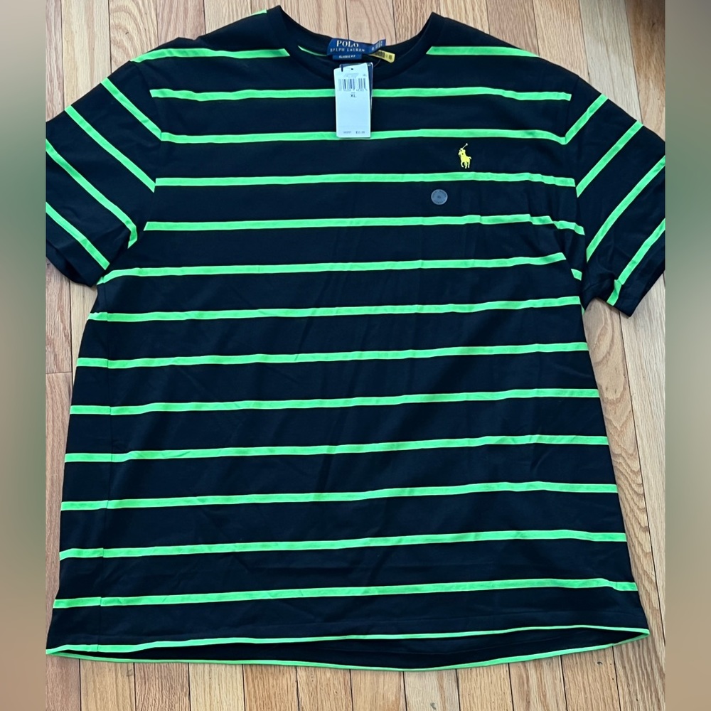 POLO MENS BLACK AND GREEN STRIPED T SHIRT SHORT SLEEVE *MEDIUM**